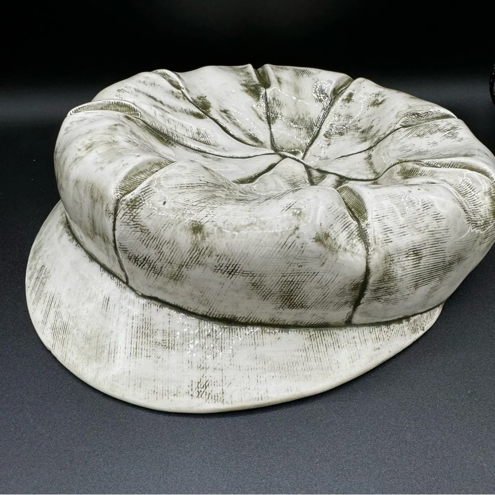Ceramic Pageboy Newsie Cap for Decor or Trinkets in Green and White 10in